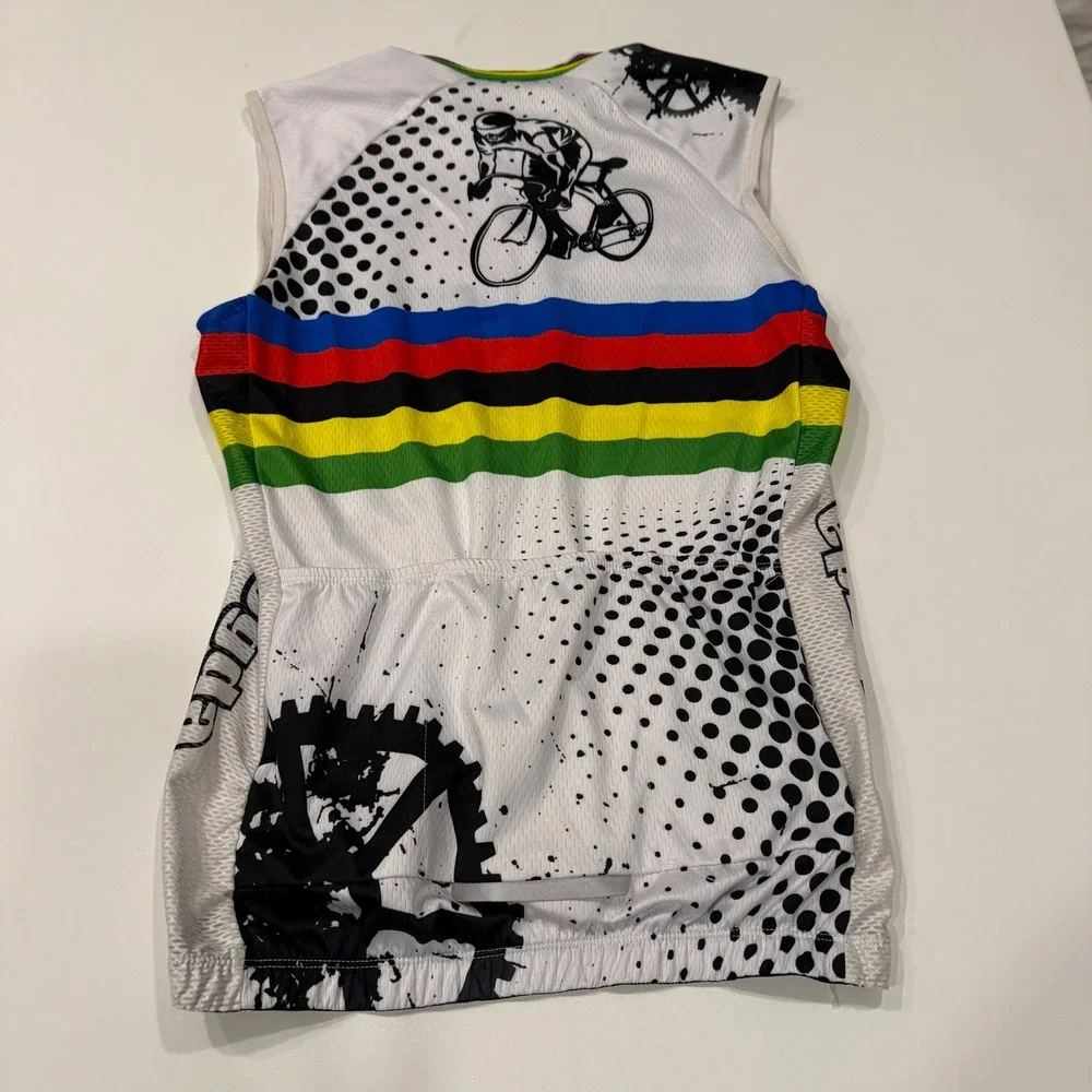 Aogda Men's L Cycling Jersey Sleeveless Rainbow Stripe Full Zip Road Bike Y2K